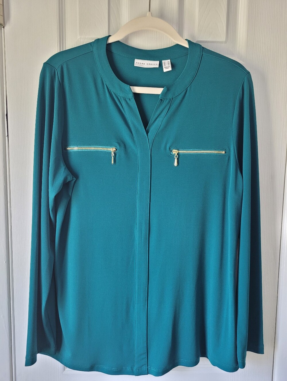 Susan Graver Teal Turquoise Long Sleeve Zip Pocket Top M NWOT